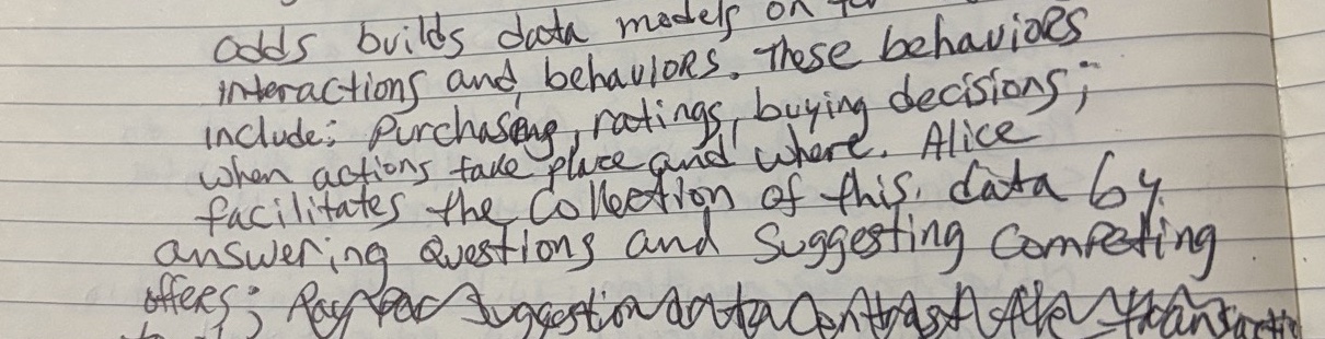 Handwritten: Alice facilitates the collection of this data by answering questions and suggesting competing offers